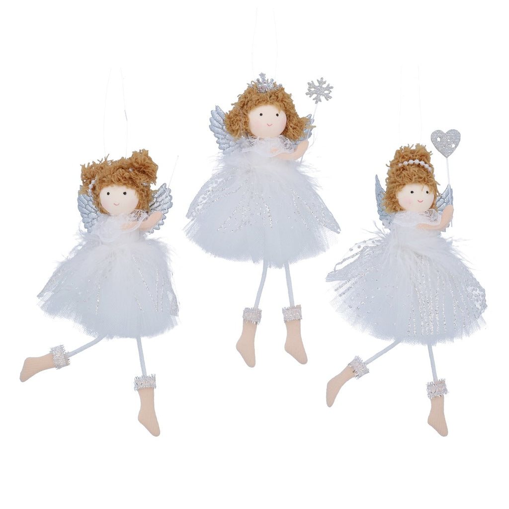 Three Assorted Fabric Fairies with White Dress and Silver Wings 21cm