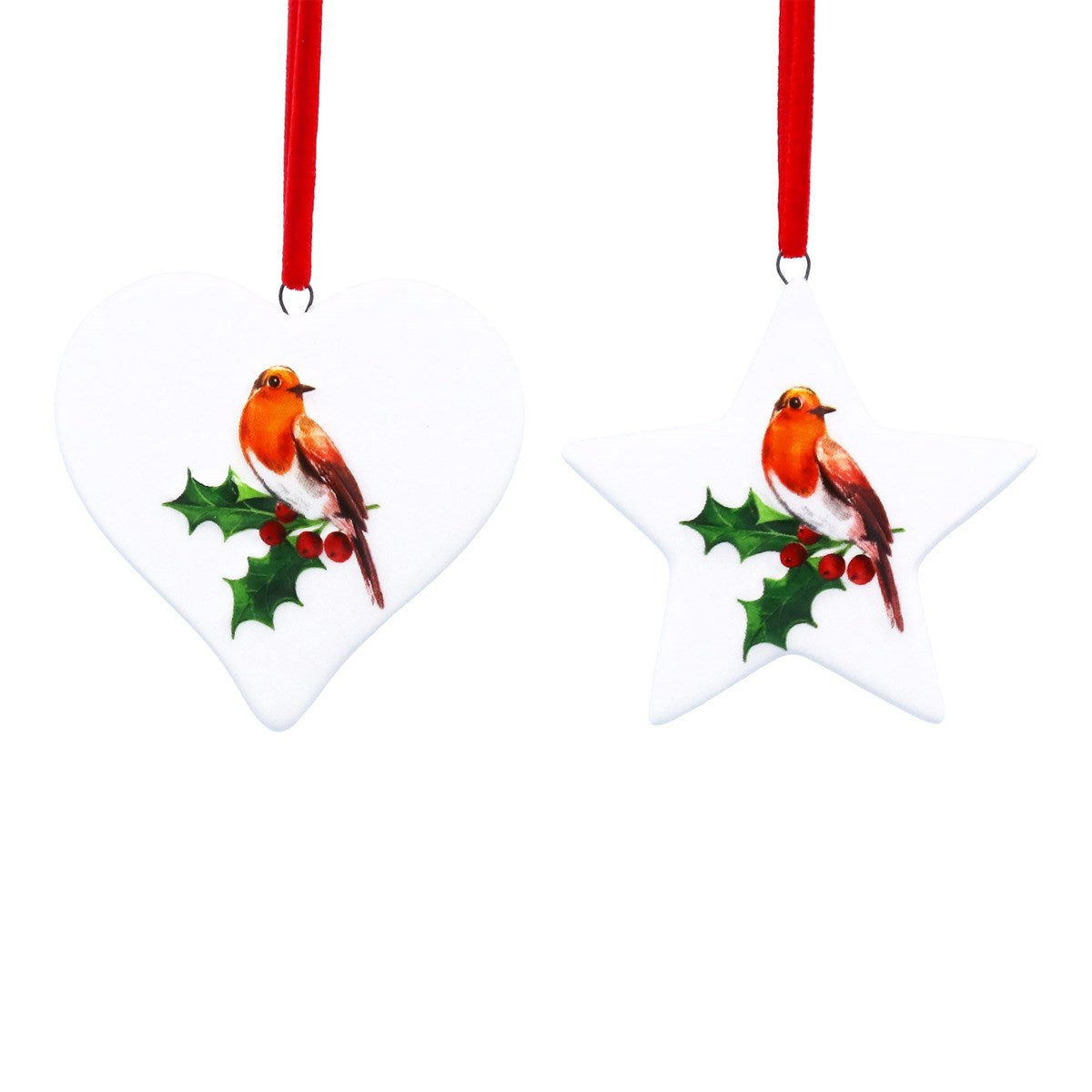 Ceramic Hanging Dec 7cm - Robin on Holly Star or Heart