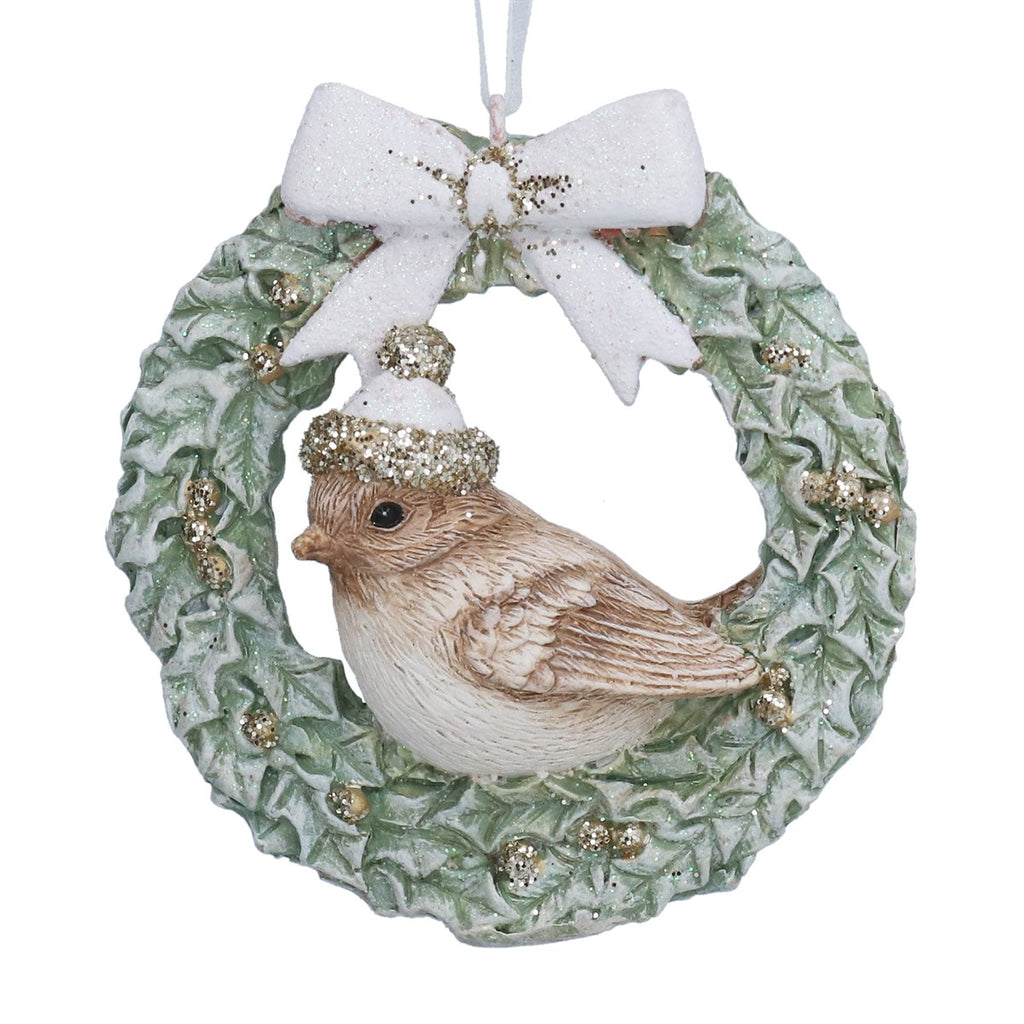Resin Bird in Wreath with Bow Decoration 8cm | Annie Mo's