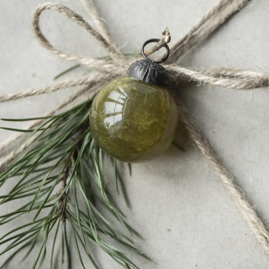 Bag with Eight Mini Autumn Green Glass Baubles 4cm