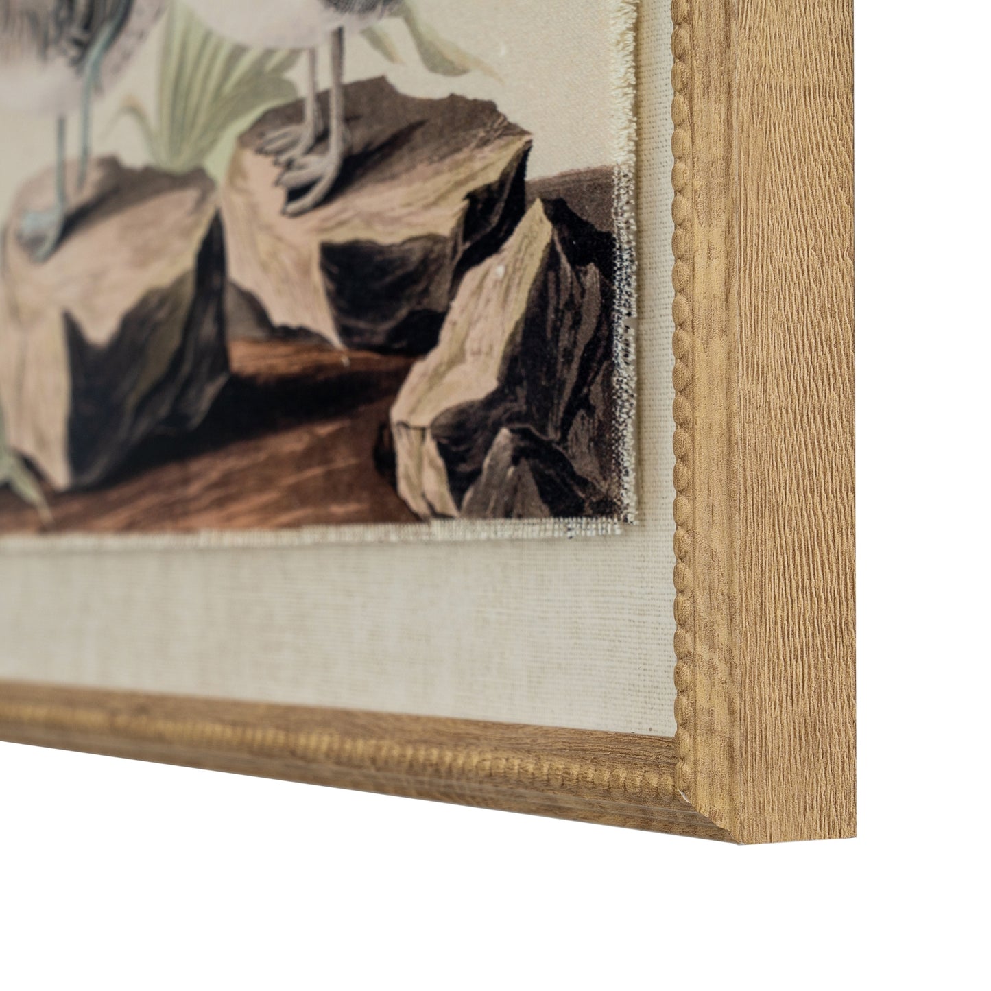 Close-up of a framed painting with a wooden frame and textured mat.