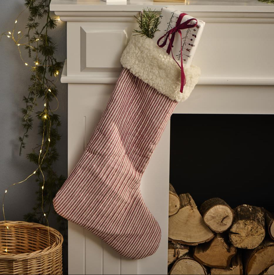 Christmas Stocking in Red Stripe with Faux Fur Trim 50cm