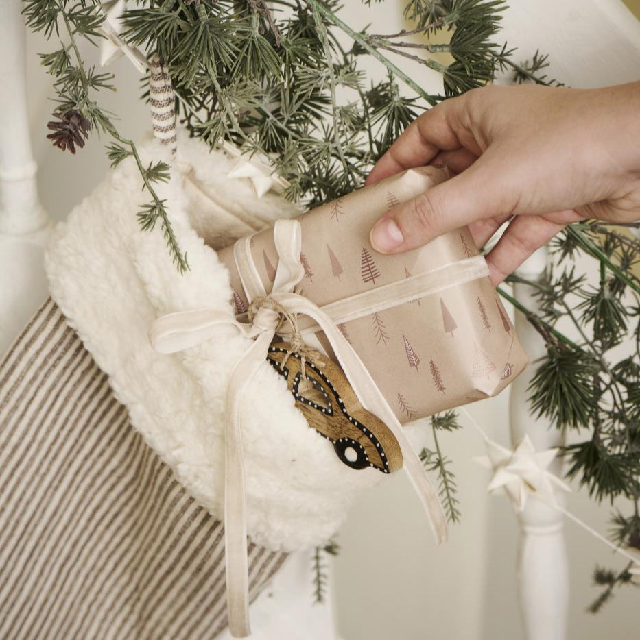 Christmas Stocking in Brown Stripe with Faux Fur Trim 5ocm