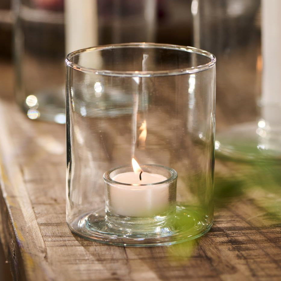 Glass Hurricane Lamp with Fixed Dinner Candle Holder - Size Choice