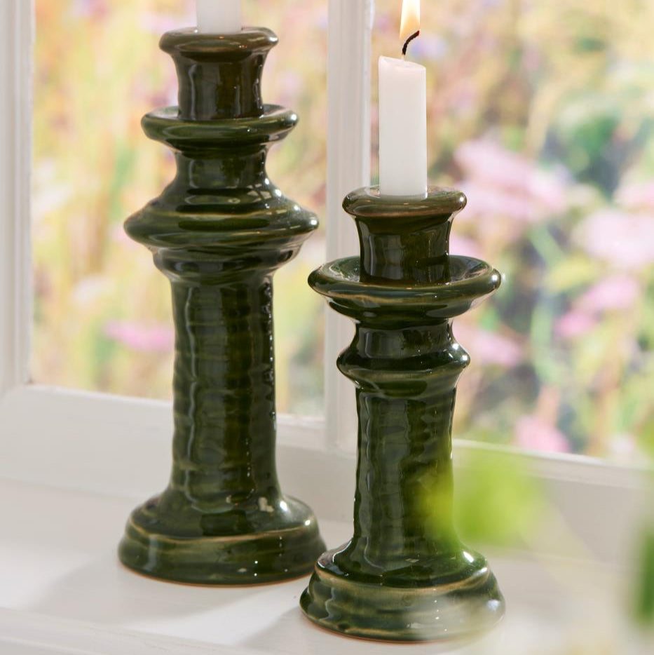 Glazed Moss Green Dinner Candle Holder 25cm