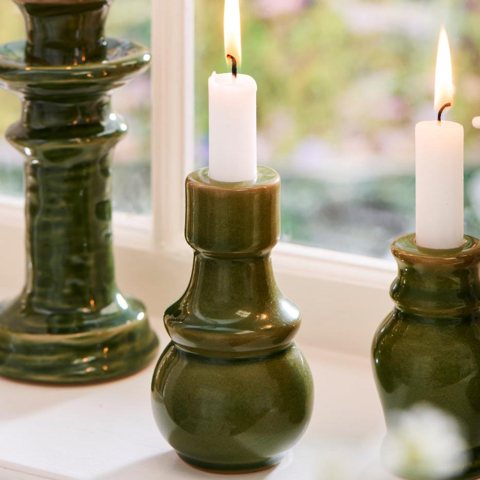 Torino Glazed Moss Green Dinner Candle Holder 13cm