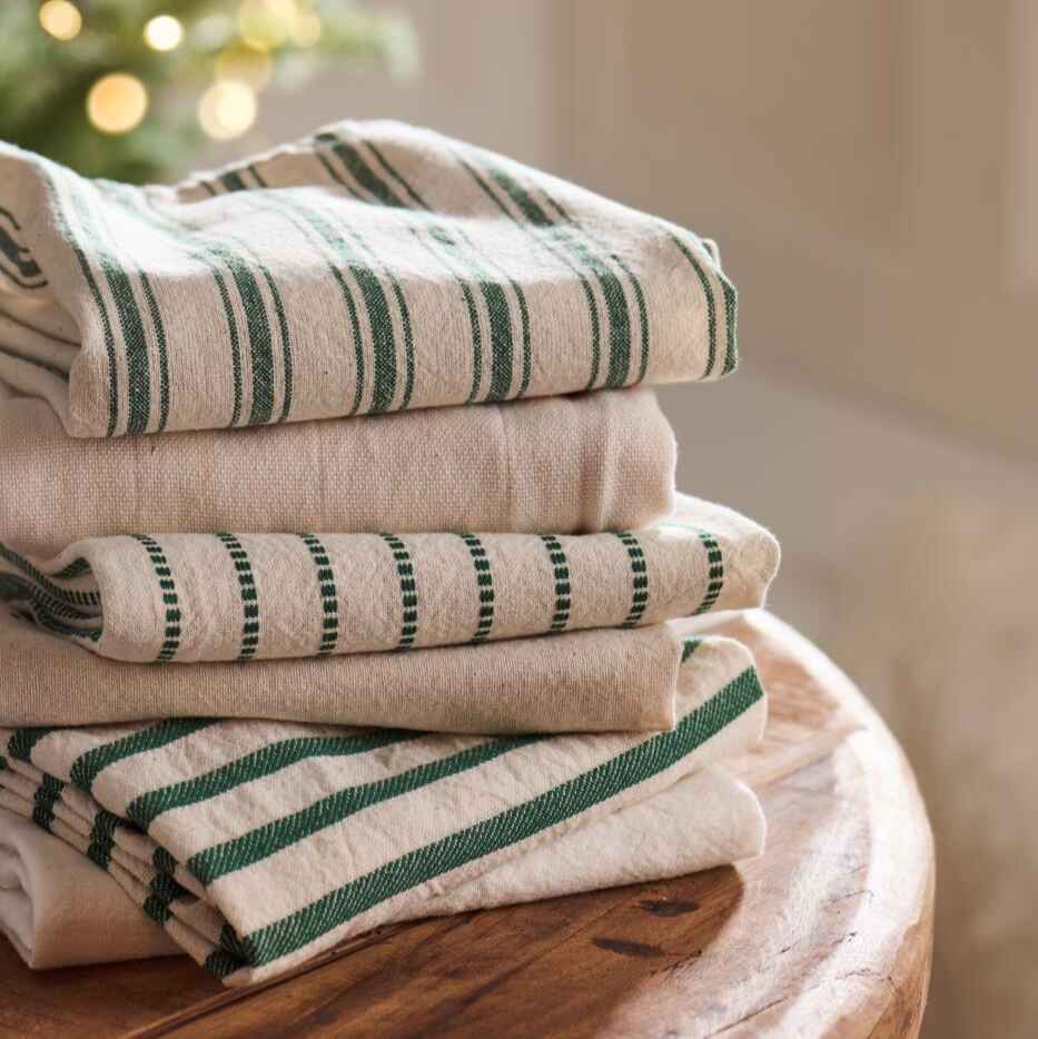 Tea Towel with Wide and Narrow Green Stripes 50cm x 70cm-B