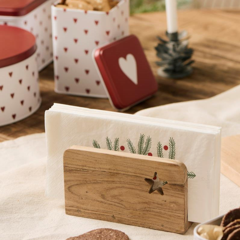 Acacia Wood Napkin Holder with Carved Star 14cm