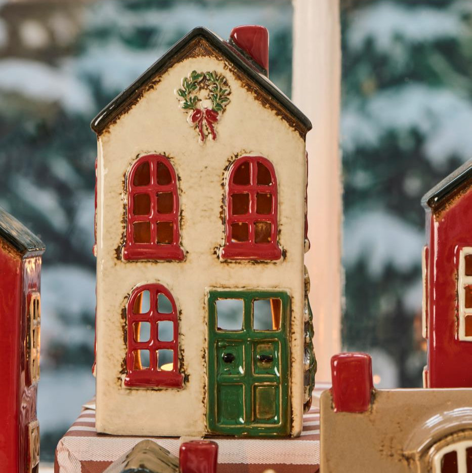 Ceramic Tealight House with Green Door and Wreath at Top 19cm