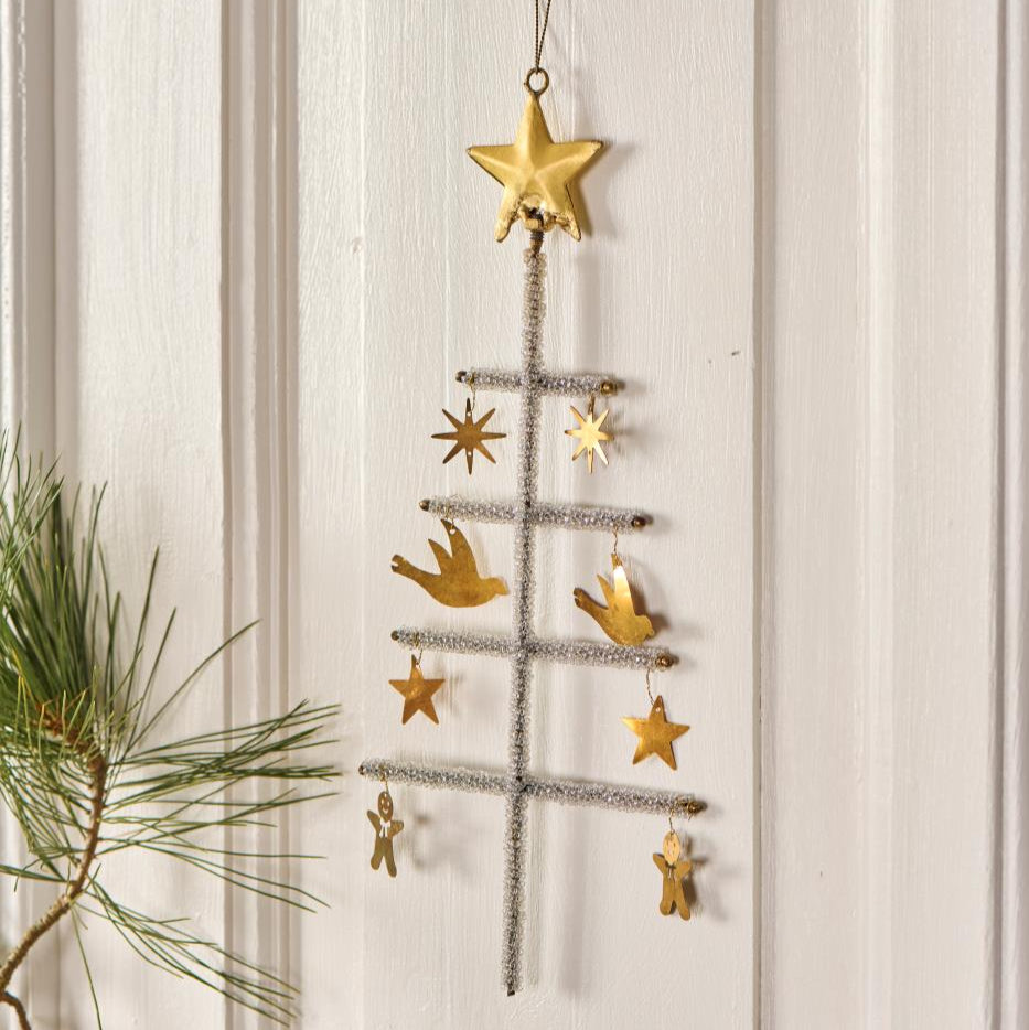 Hanging Christmas Tree with Brass Ornaments 29cm