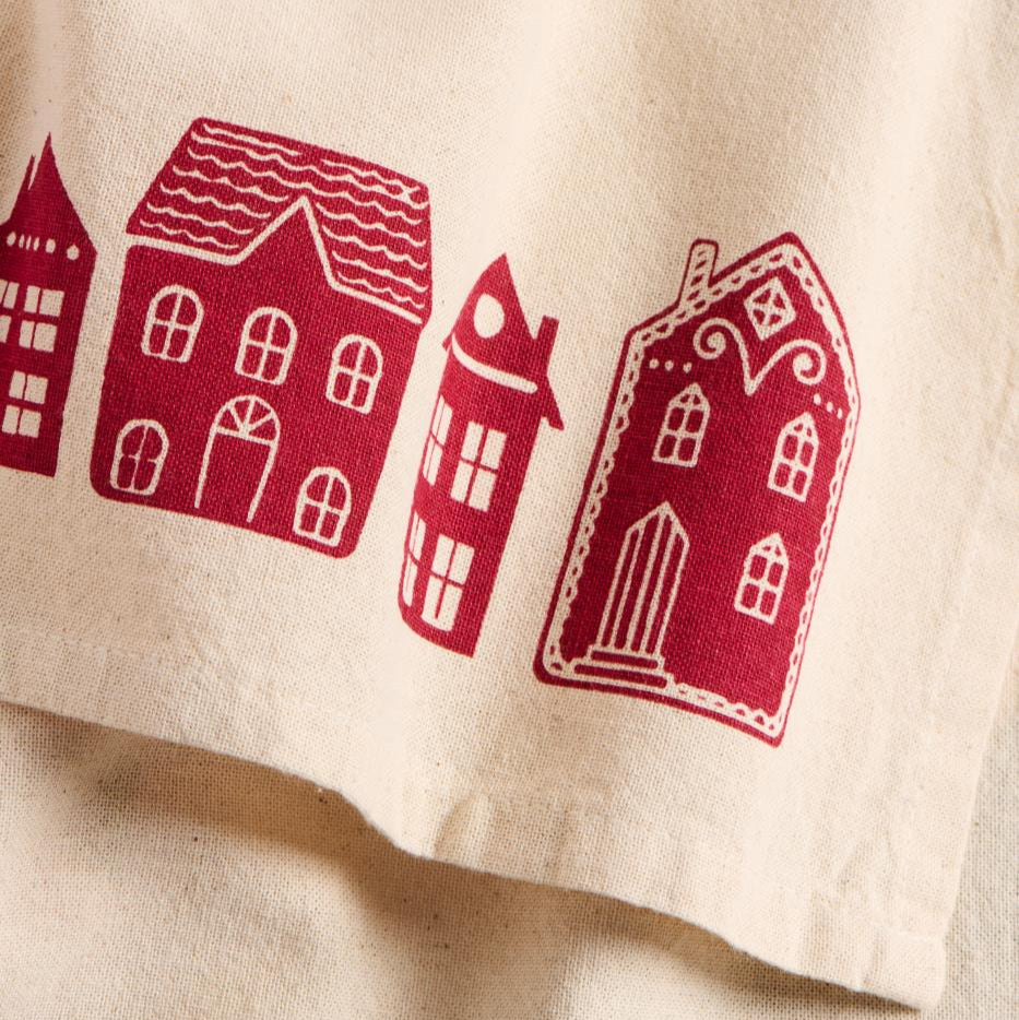 Tea Towel with Red Houses Motif 50cm x 70cm