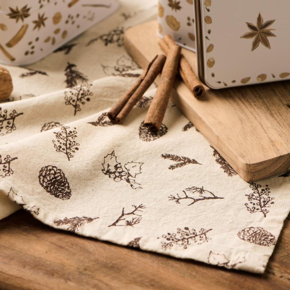 Tea Towel with Brown Cones and Twigs 50cm x 70cm