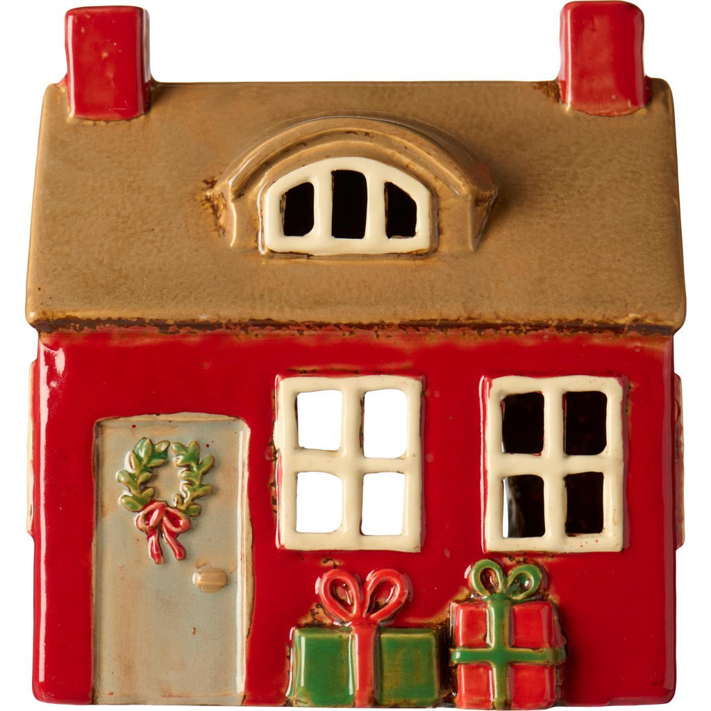 Ceramic Tealight House with Door Wreath and Presents 14cm | Annie Mo's