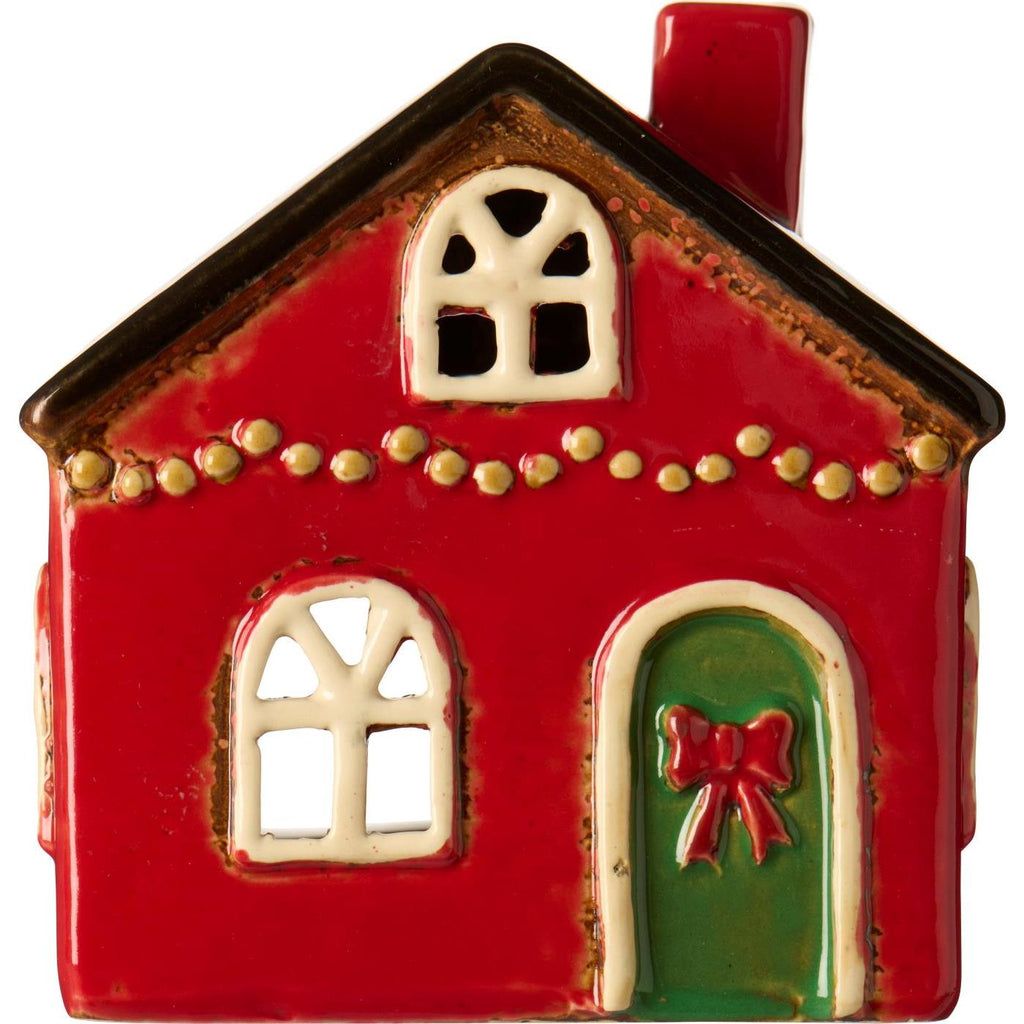 Ceramic Tealight House with Red Bow on Door 10cm | Annie Mo's