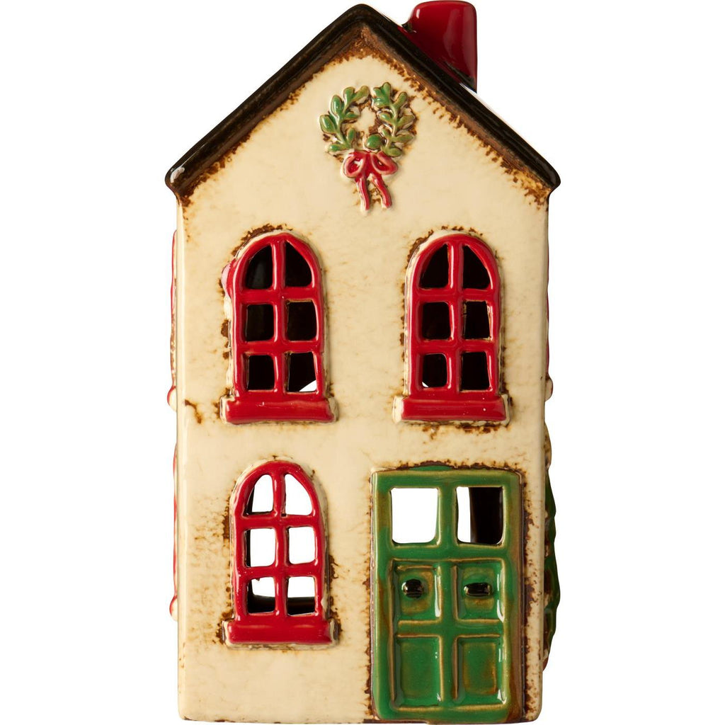 Ceramic Tealight House with Green Door and Wreath at Top 19cm