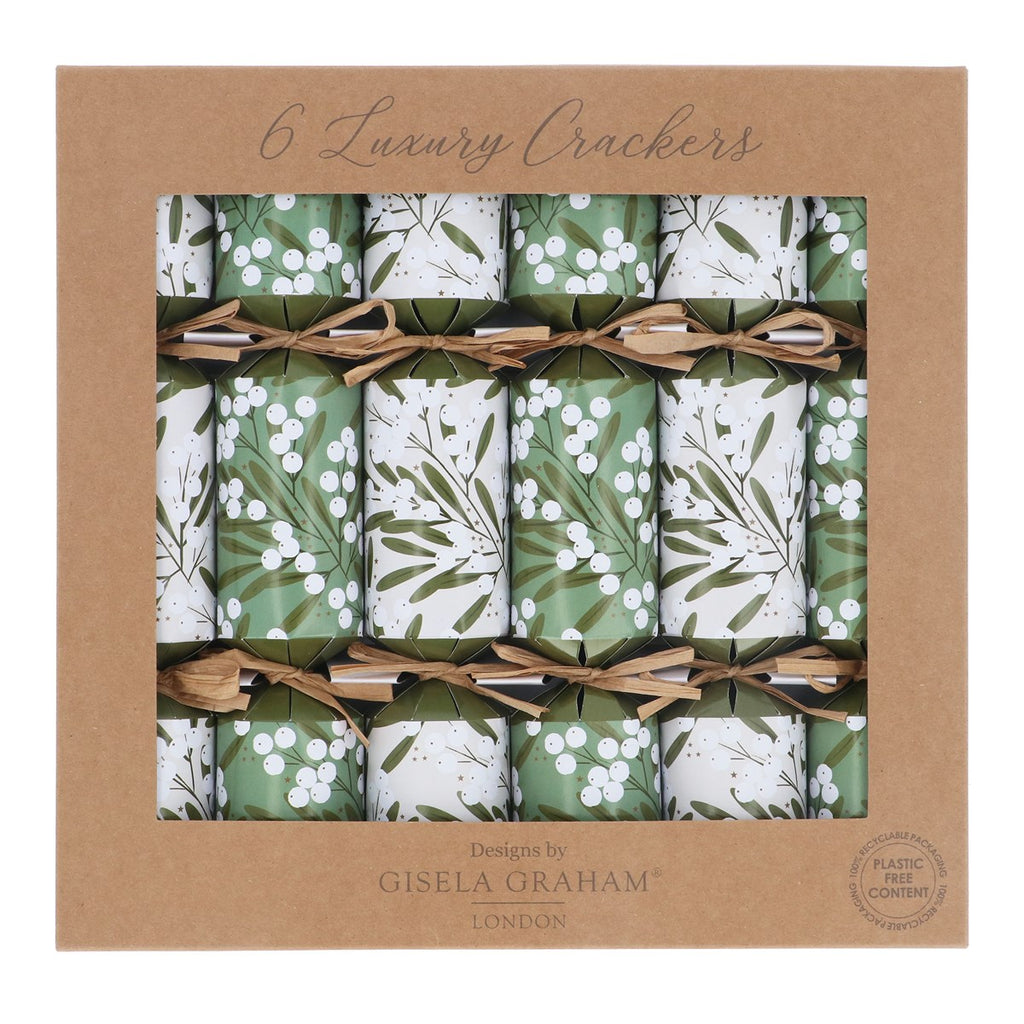 Six Boxed Mistletoe Green and Ivory Crackers 30cm | Annie Mo's