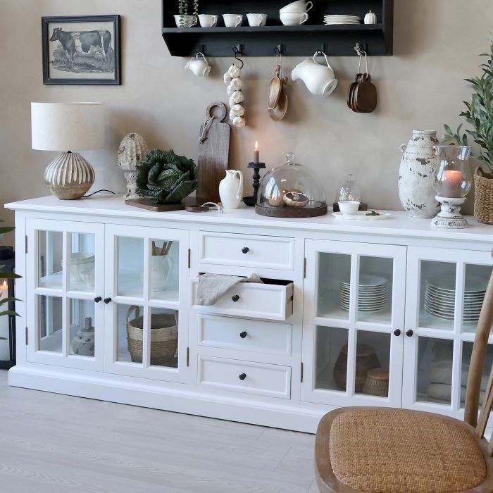 Marseille White Display Sideboard with Four Doors and Four Drawers 220cm