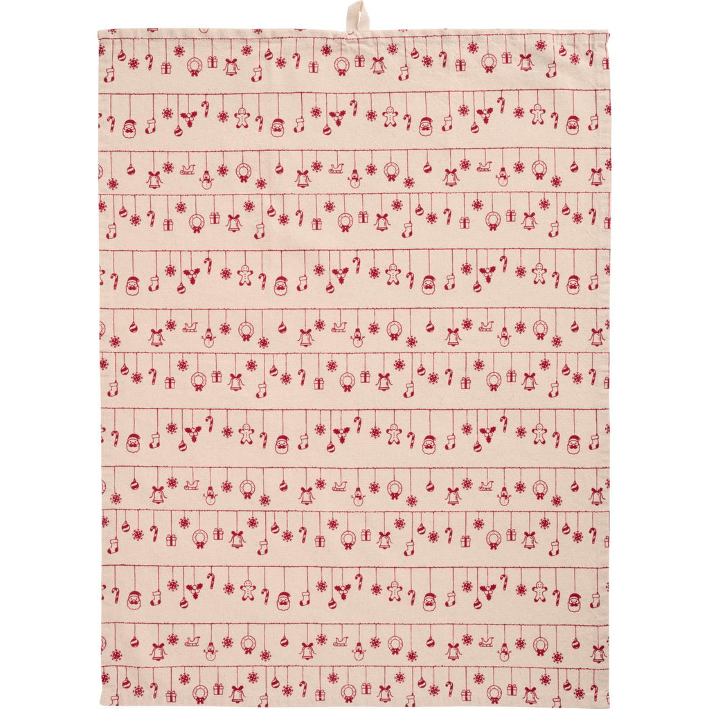 Tea Towel with Red Christmas Decorations on Garlands 50cm x 70cm