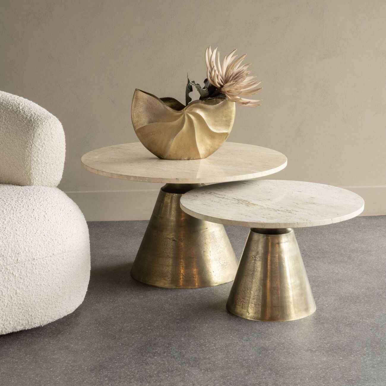 Antique Brass and Light Travertine Coffee Table - Size Choice Large & Small E | Annie Mo's