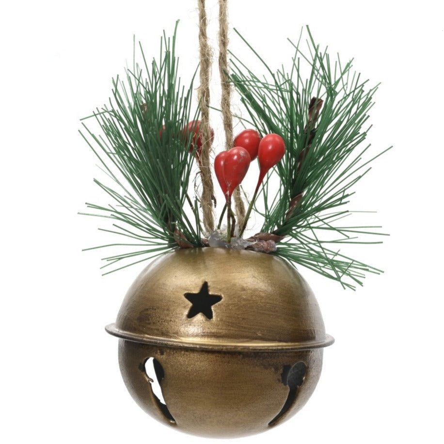 Iron Bell Bauble with Needle Sprig and Berries - Gold | Annie Mo's