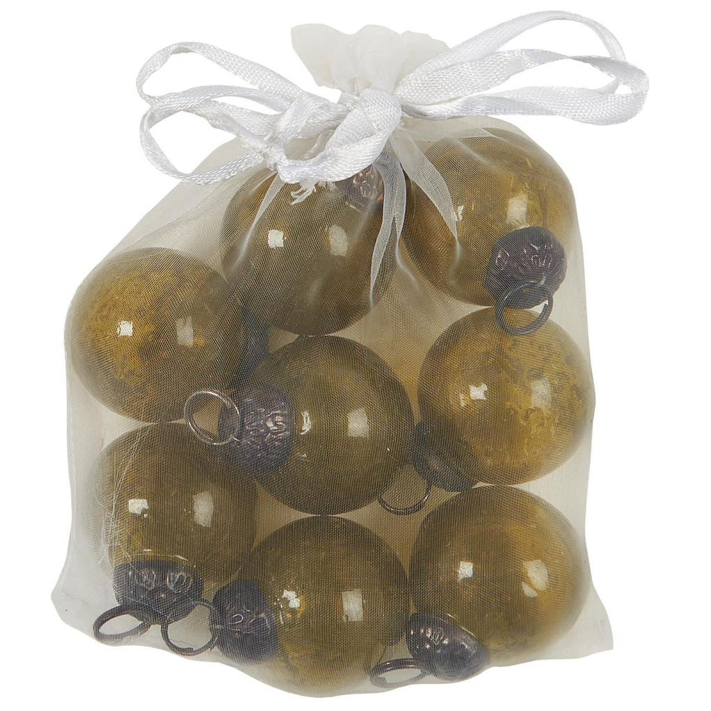 Bag with Eight Mini Autumn Green Glass Baubles 4cm | Annie Mo's