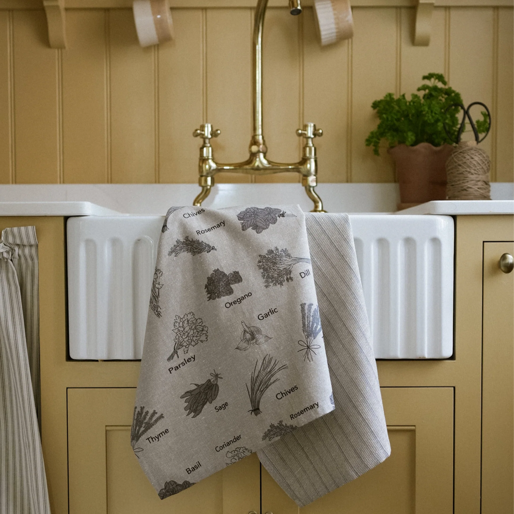 Pack of Two Herb Print and Provisional Stripe Tea Towel Black | Annie