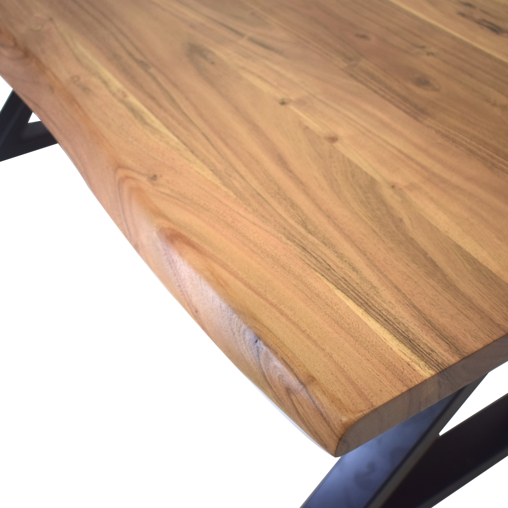 Acacia Wood Live Edge Dining Table with Black Metal Cross Legs 180cm