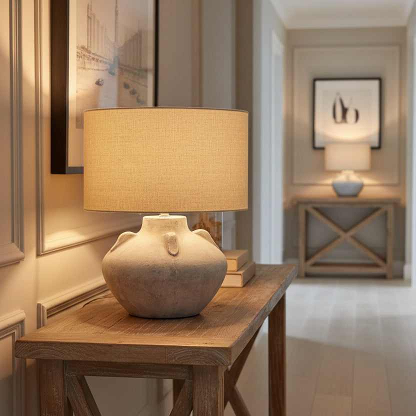 Athena Aged Stone Lekanis Table Lamp With Linen Shade 32cm | Annie Mo's