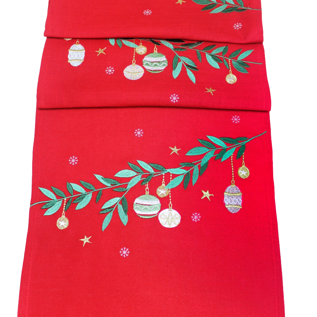 Red Table Runner with Bauble Detail 190cm