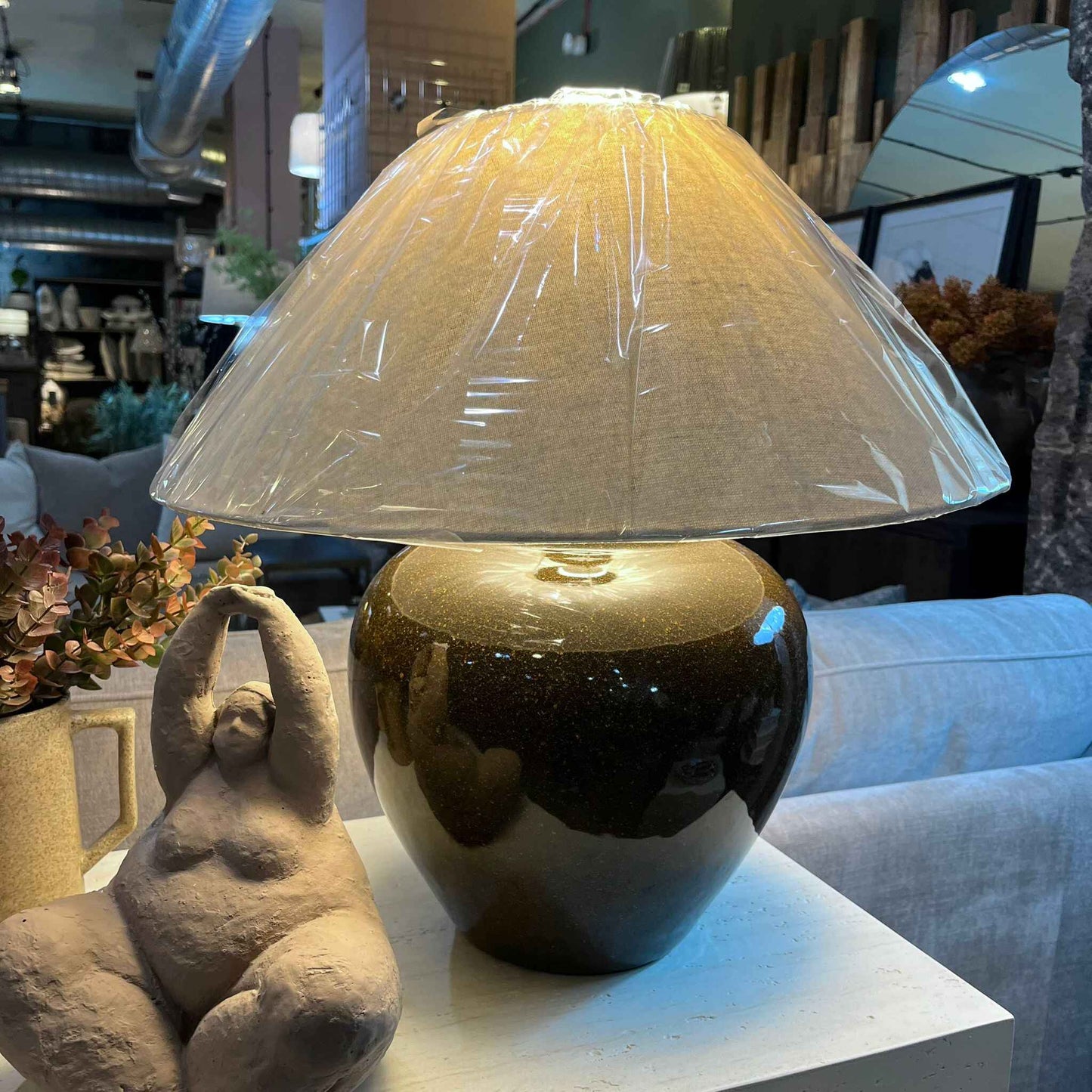 Black Ceramic Textured Table Lamp with Linen Shade