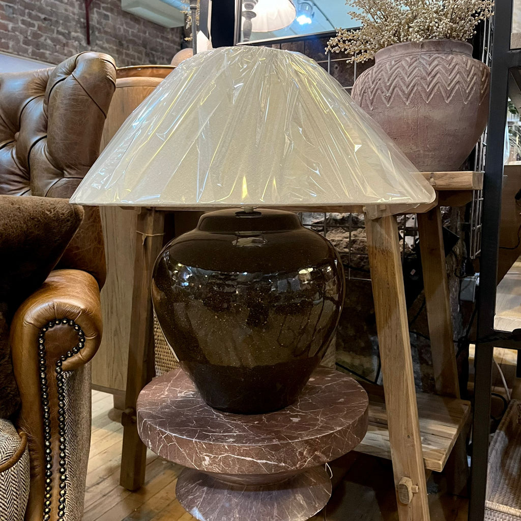 Black Ceramic Textured Table Lamp with Linen Shade 50cmB