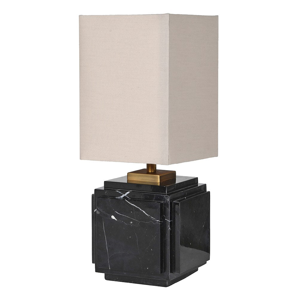 Black Marble Square Base Lamp with Linen Shade 37cm