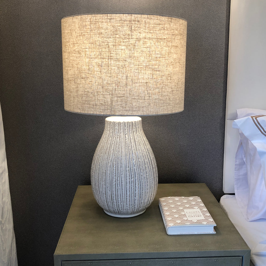 Bulbous Textured Cream Table Lamp with Linen Shade 57cm D