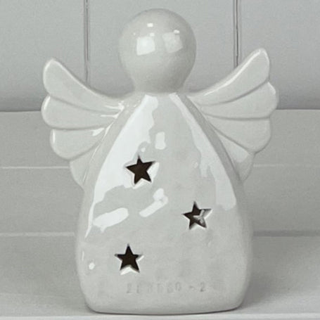 White Glazed Ceramic Angel Ornament with LED 11cm | Annie Mo's
