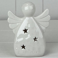 White Glazed Ceramic Angel Ornament with LED 11cm | Annie Mo's