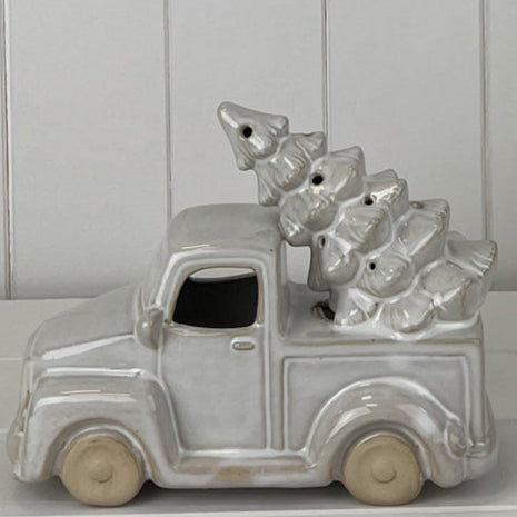Glazed Ceramic Car Carrying Christmas Tree Ornament with Textured Detail and LED 16cm