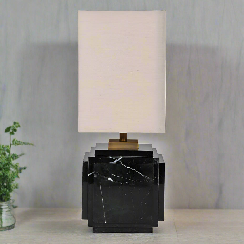 Black Marble Square Base Lamp with Linen Shade 37cm | Annie Mo's
