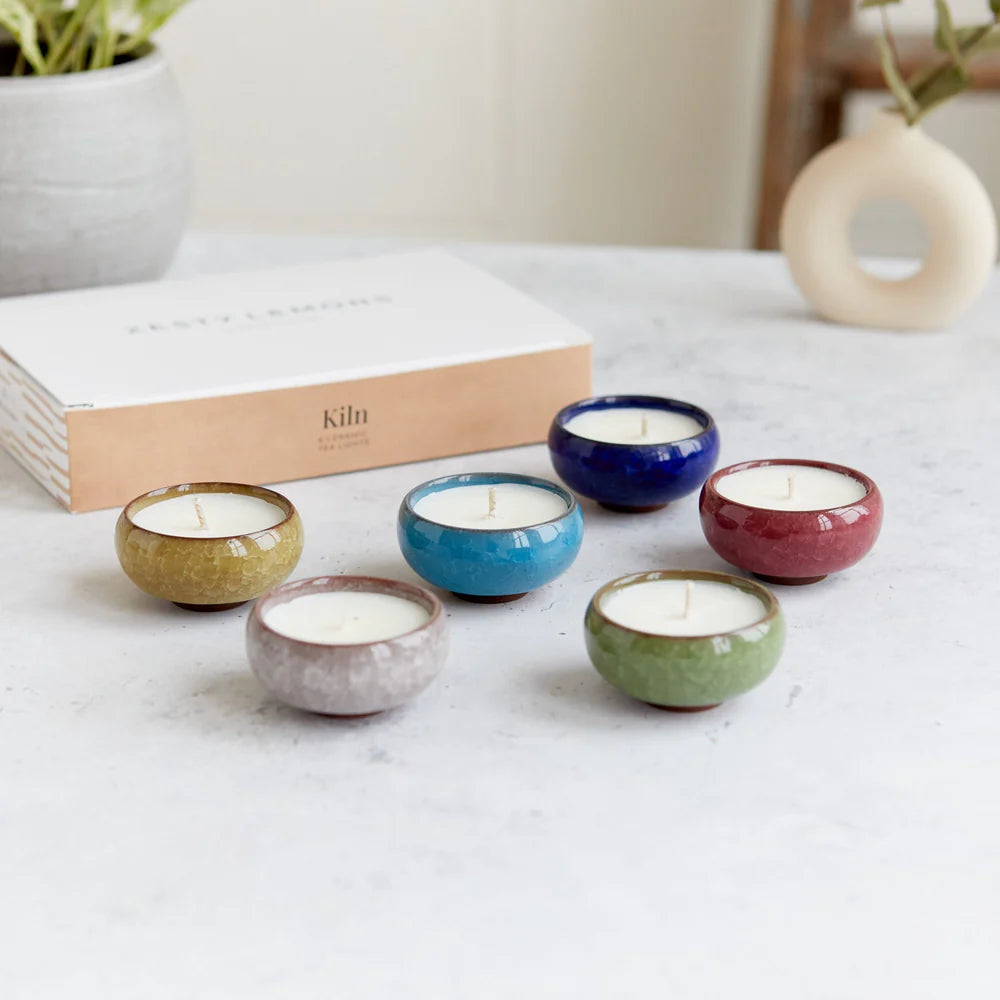 Contemporary Kiln Ceramic Tea Lights (Box of Six Assorted Scents) | Annie Mo's