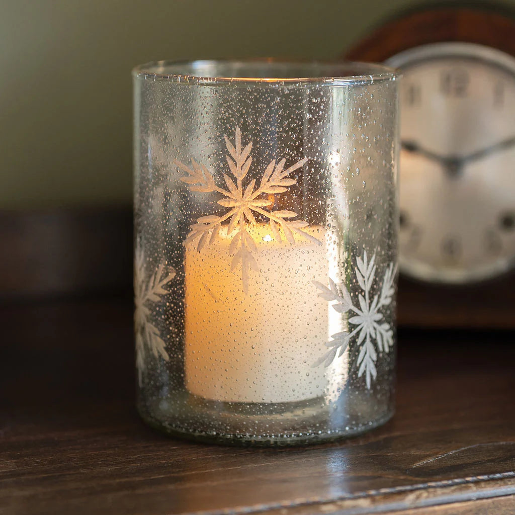 Etched Snowflake Glass Tealight Holder 17cm-B