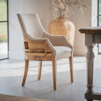 Deconstructed Beige Linen and Oak Carver Dining Chair