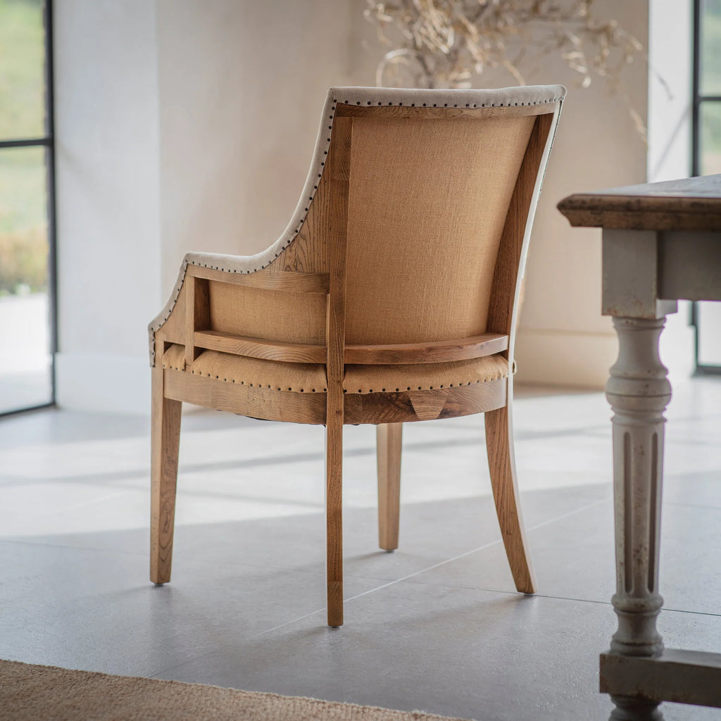 Deconstructed Beige Linen and Oak Carver Dining Chair