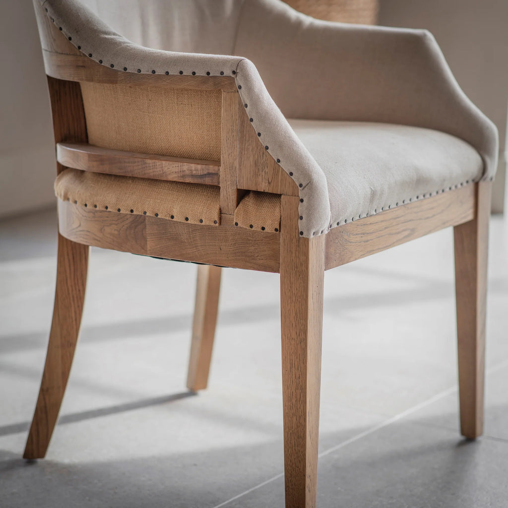 Deconstructed Beige Linen and Oak Carver Dining Chair