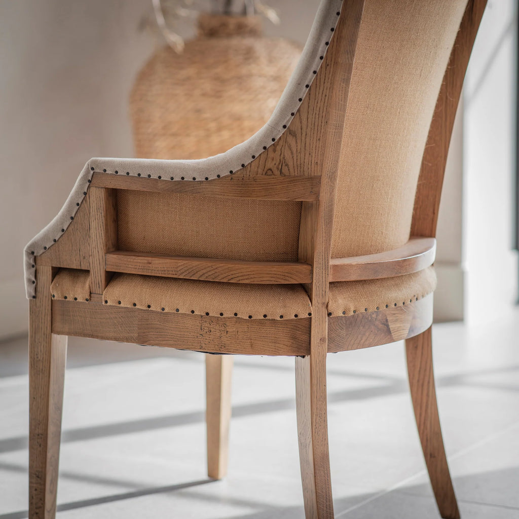 Deconstructed Beige Linen and Oak Carver Dining Chair