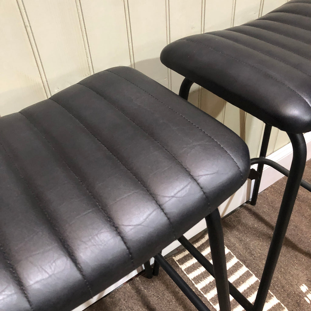 Pair of Iron and Black Leather Barstools - 77cm - CLEARANCE