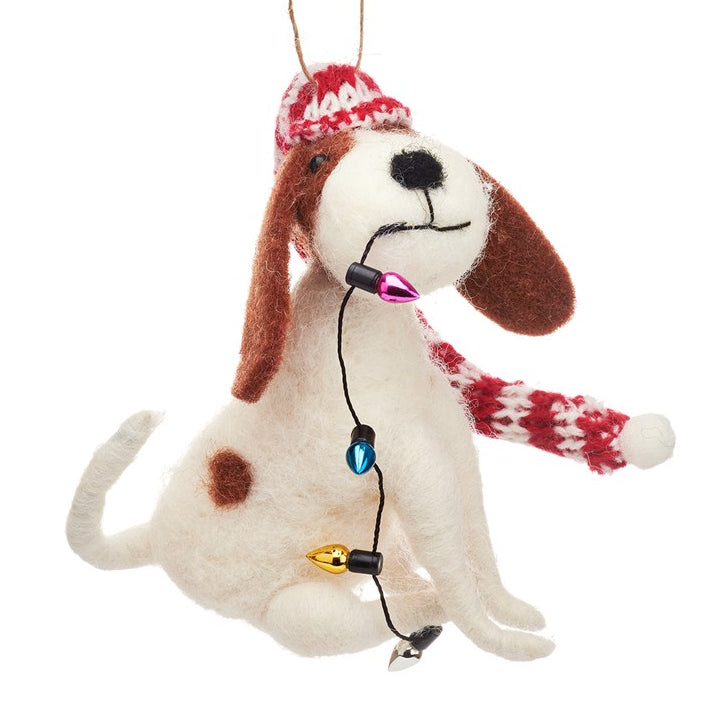 Dog with Fairy Lights Felt Decoration 10cm | Annie Mo's