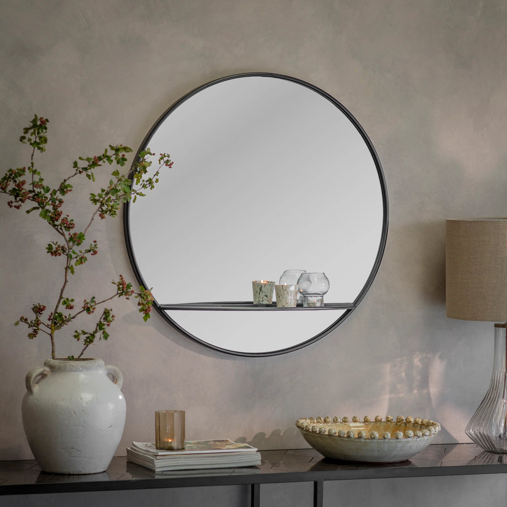 Portland Round Iron Shelf Mirror 80cm | Annie Mo's