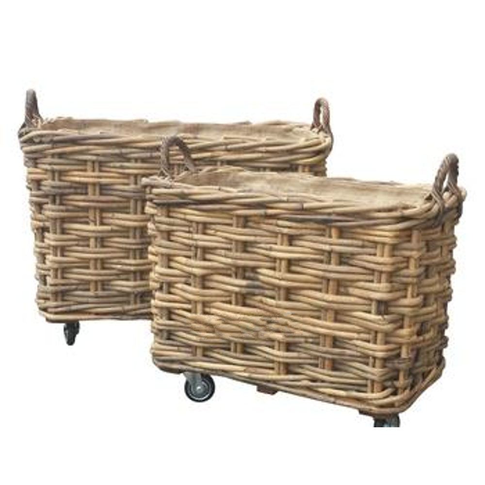 Large Rectangular Rattan Wheeled and Lined Baskets - Size Choice