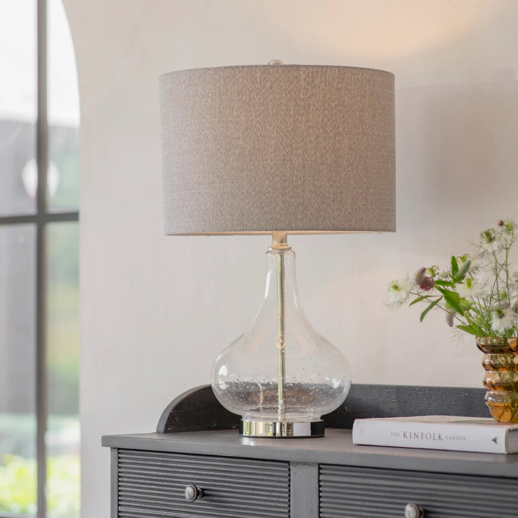 Clifton Bubbled Glass Lamp with Grey Herringbone Shade 63cm