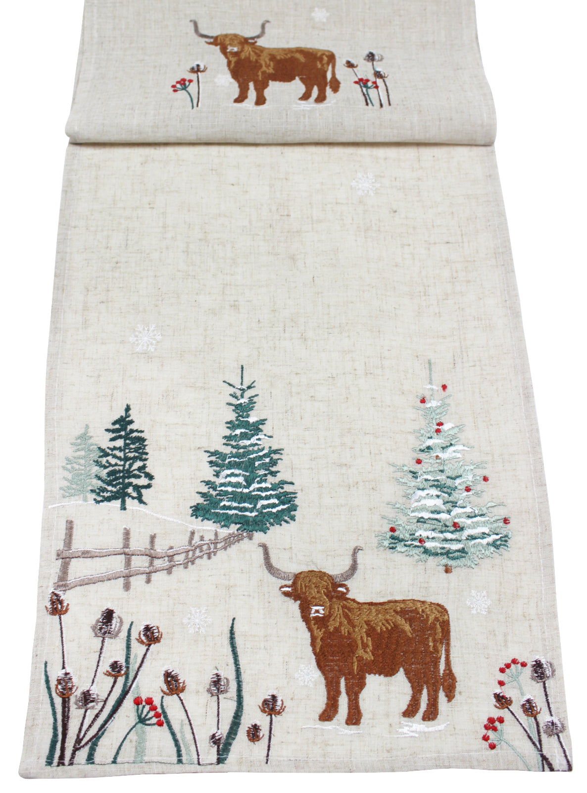 Highland Cow Festive Beige Table Runner 190cm-B