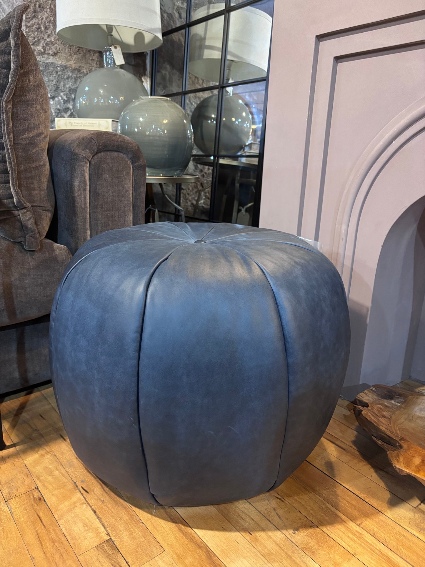 Pumpkin Footstool - Kodak Navy Leather - CLEARANCE